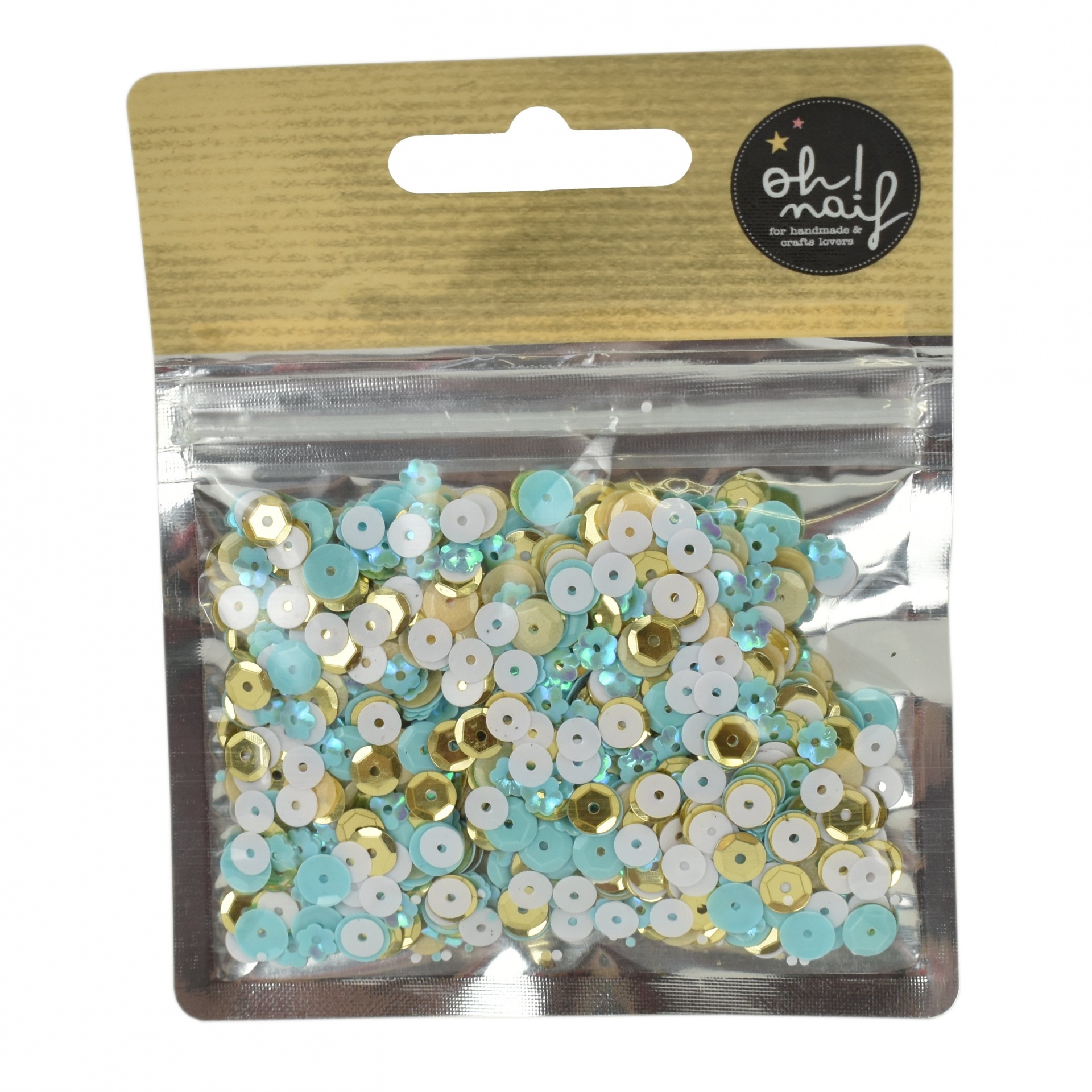 Pacote transparente com lantejoulas brancas, douradas e azuis com etiqueta preta