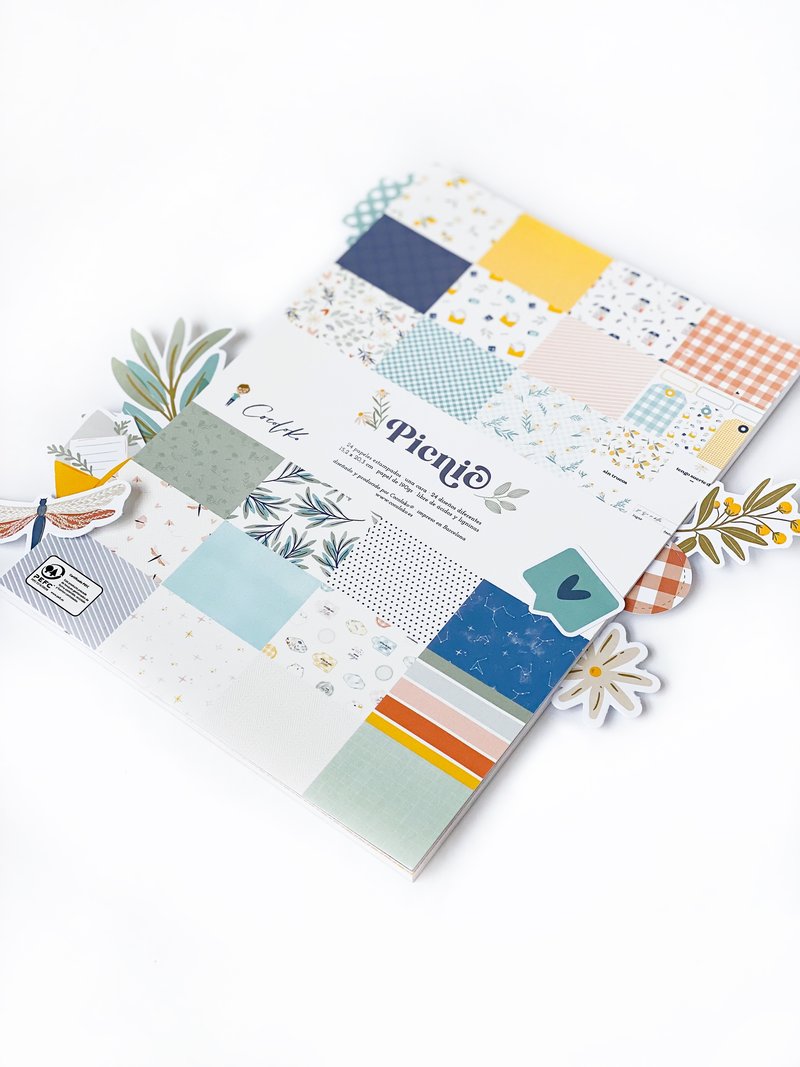 Bloco de papel para artesanato Picniô com várias estampas coloridas e acessórios em forma de folhas e flores