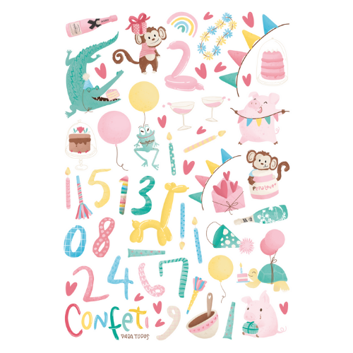 Desenhos coloridos de festa com números, balões, animais e doces