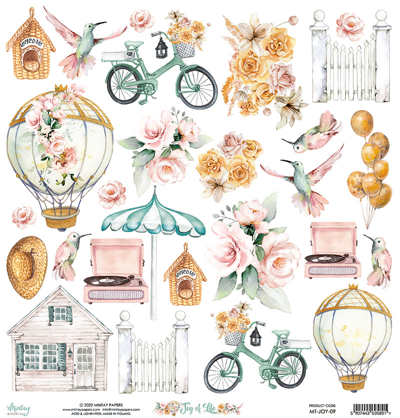 Desenhos aquarelados variados, bicicletas, flores, beija-flores, balões, casa, cerca, chapéu e toca-discos em estilo vintage.