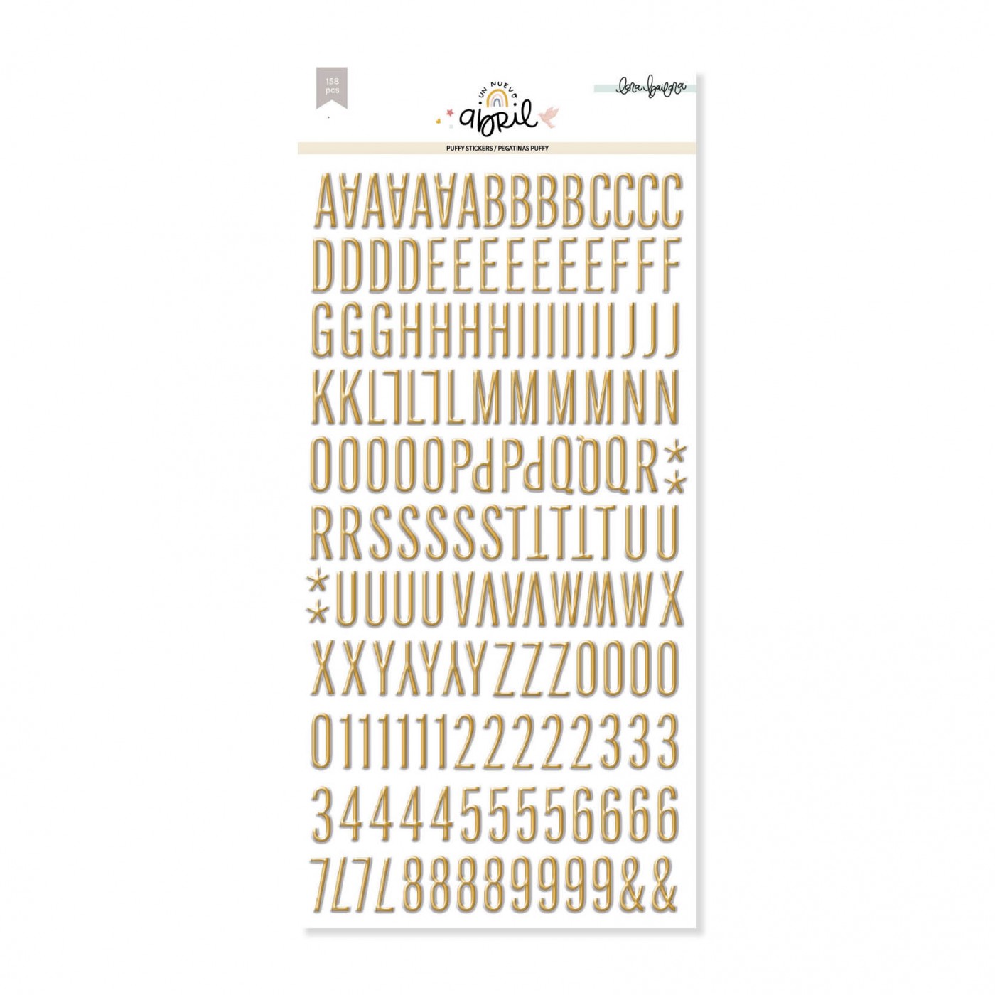 Folha de autocolantes com letras douradas em fundo branco