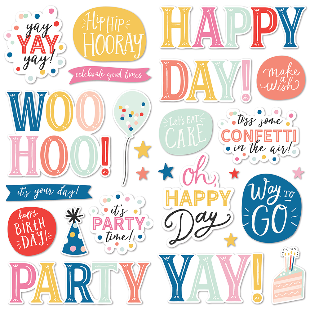 Autocolantes festivos coloridos com frases comemorativas em inglês e elementos de festa.