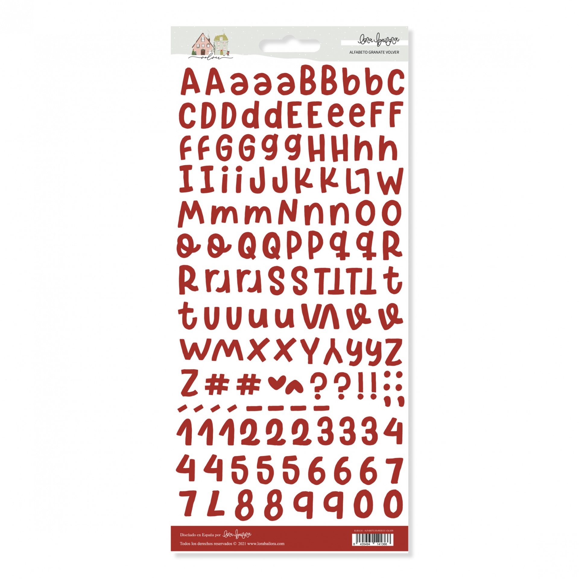 Adhesivos de letras y números burdeos en hoja blanca con detalles decorativos.