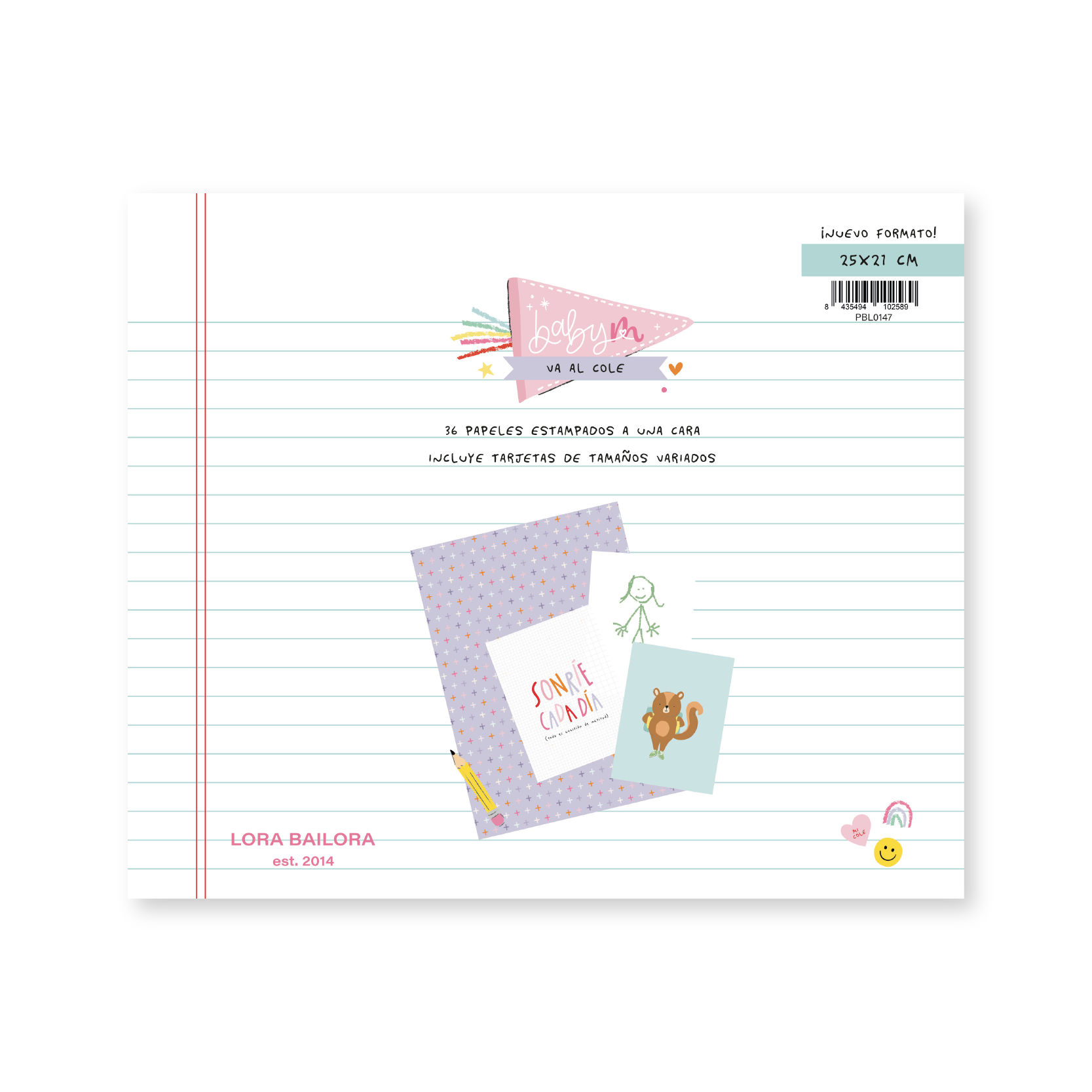 Conjunto de cartões com estampados infantis sobre fundo branco pautado