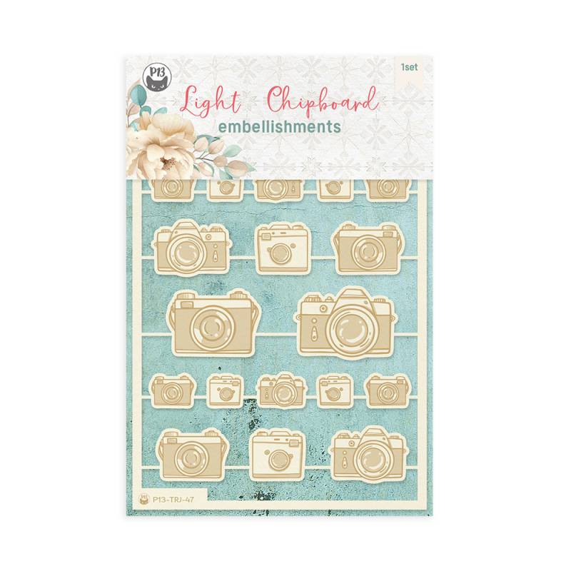 Pack de embellishments Light Chipboard com câmaras fotográficas de chipboard bege em fundo azul