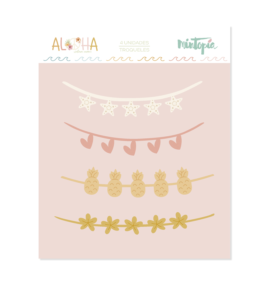 Cartaz com quatro triquetes decorativos em branco, rosa e amarelo com temas de estrelas, corações, abacaxis e flores.