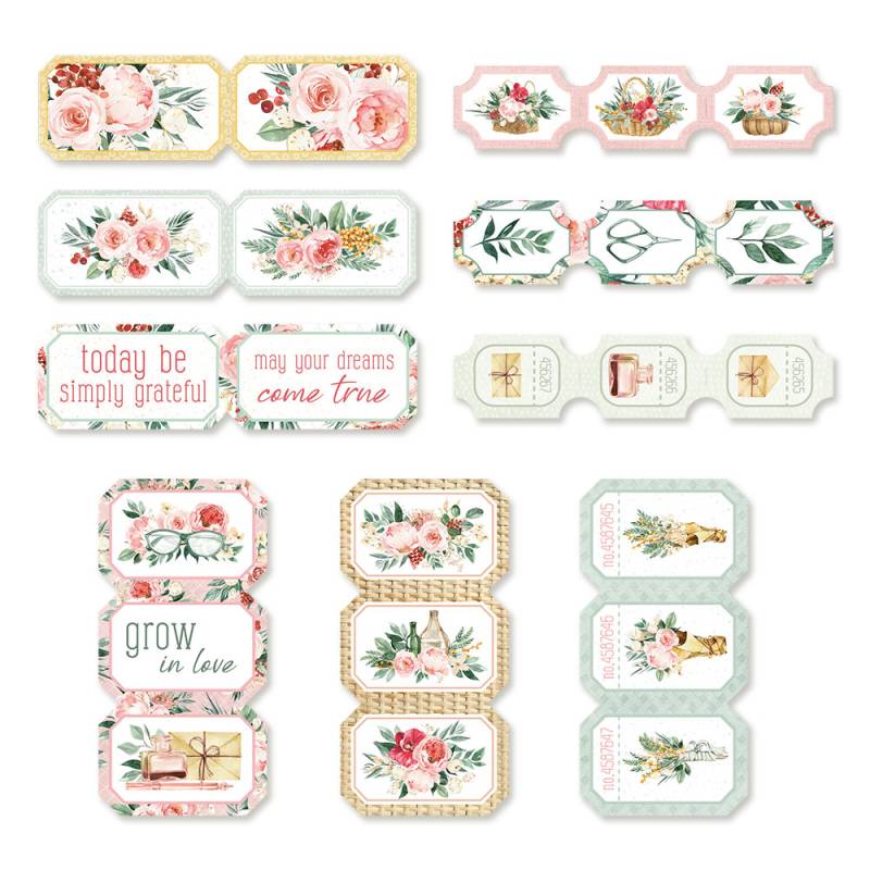 Etiquetas decorativas com flores, elementos botânicos e frases inspiradoras em inglês