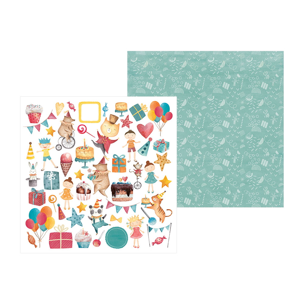 Folhas de papel para scrapbooking com ilustrações coloridas de festa e padrão verde claro