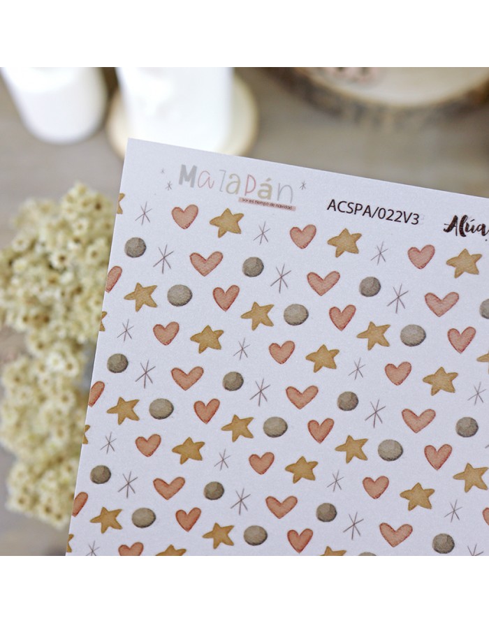 Folha de papel decorativa com padrão de corações, estrelas e círculos em cores suaves