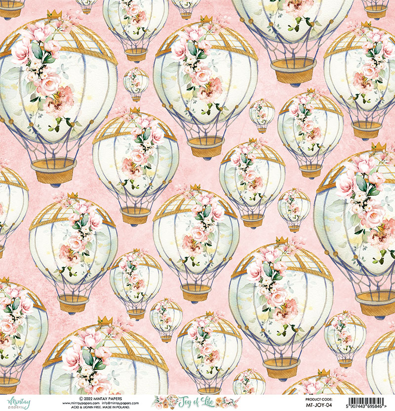 Papel decorativo com balões de ar quente floridos sobre fundo rosa.