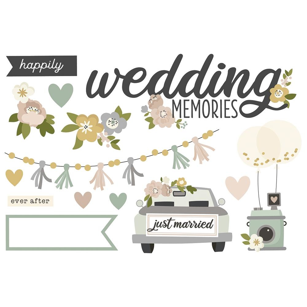 Elementos decorativos de casamento com texto e imagens em tons pastel