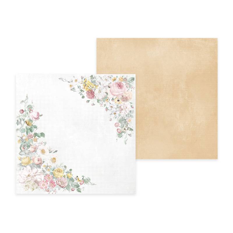 Folhas quadradas de papel, um lado com flores coloridas e outro lado bege sólido