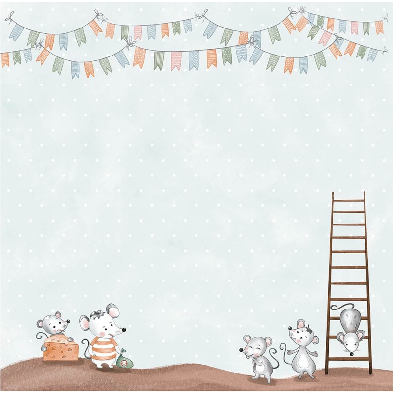 Fundo infantil com ratinhos e bandeirolas coloridas, escada castanha