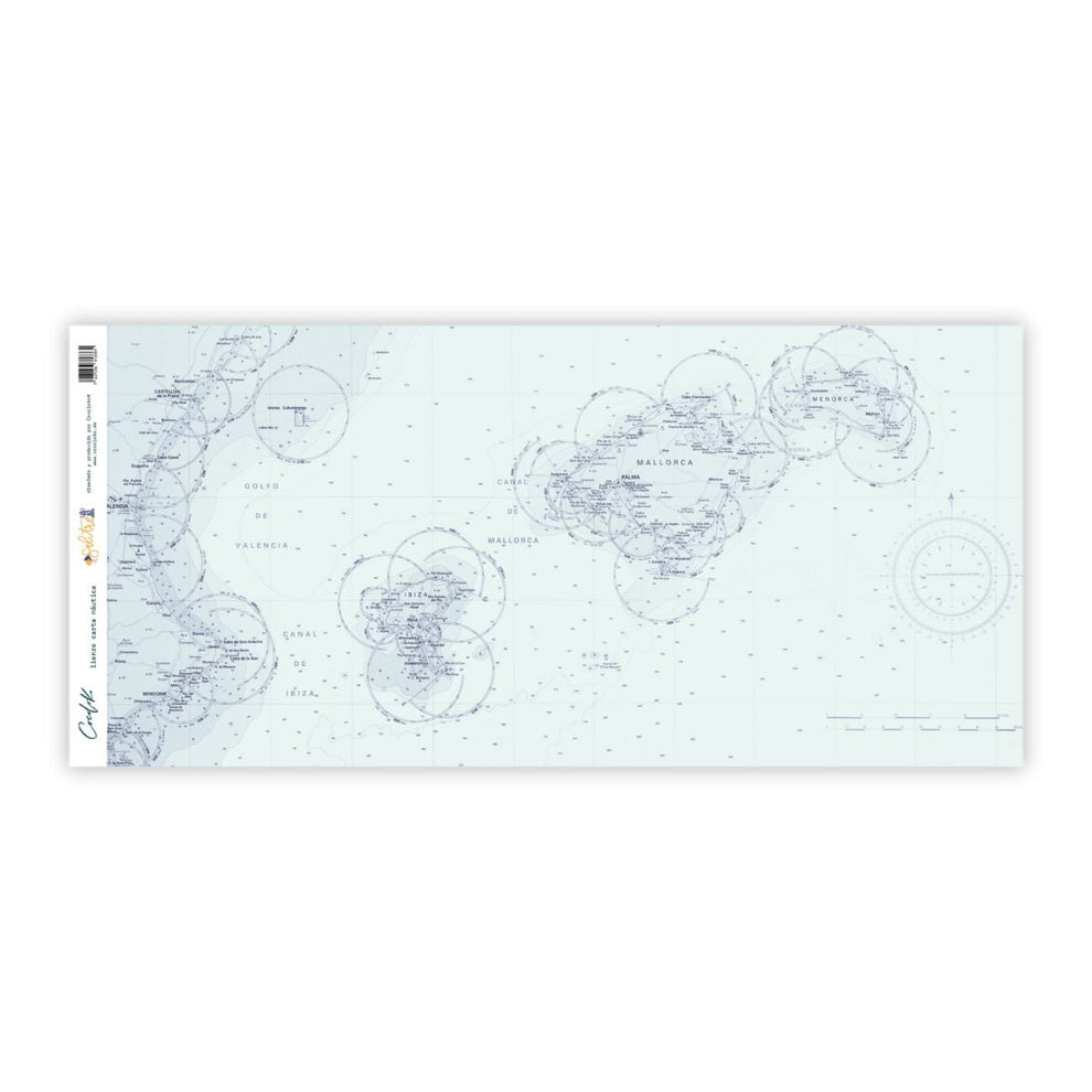 Mapa náutico azul e branco das Ilhas Baleares com textos em português
