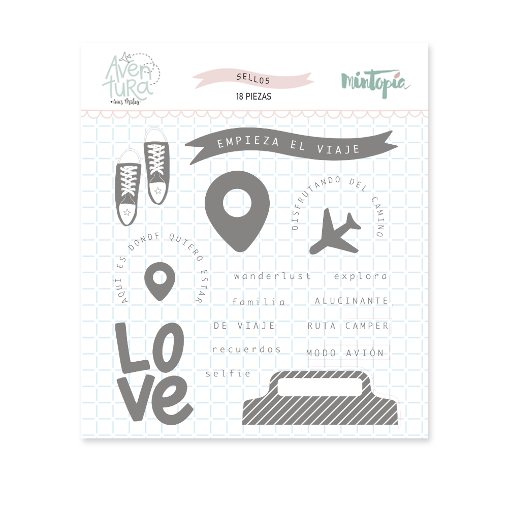 Conjunto de selos em tons cinza com ícones de viagem e palavras em espanhol sobre fundo quadriculado branco