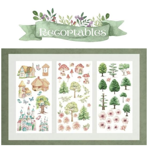 Autocolantes decorativos com casas, cogumelos, árvores e flores em estilo aquarela