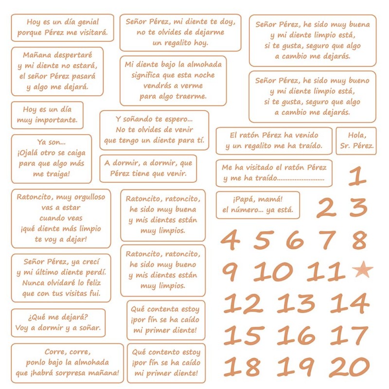 Etiquetas adesivas com frases e números em castelhano em fundo branco.