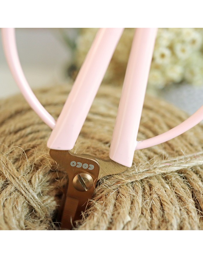 Tesoura de jardinagem com punhos cor-de-rosa e lâminas metálicas bronze sobre corda enrolada