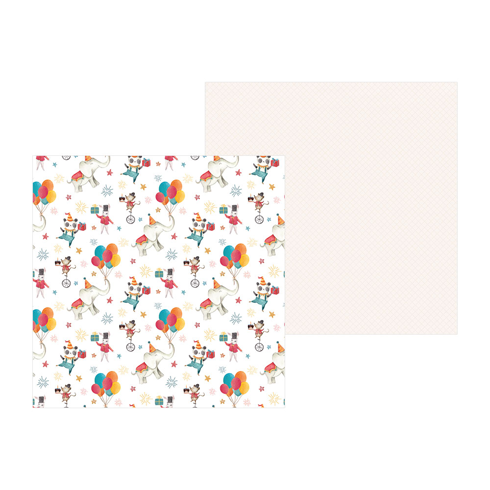 Papel de embrulho infantil com elefantes, ursinhos e balões coloridos lado a lado com papel listrado pastel