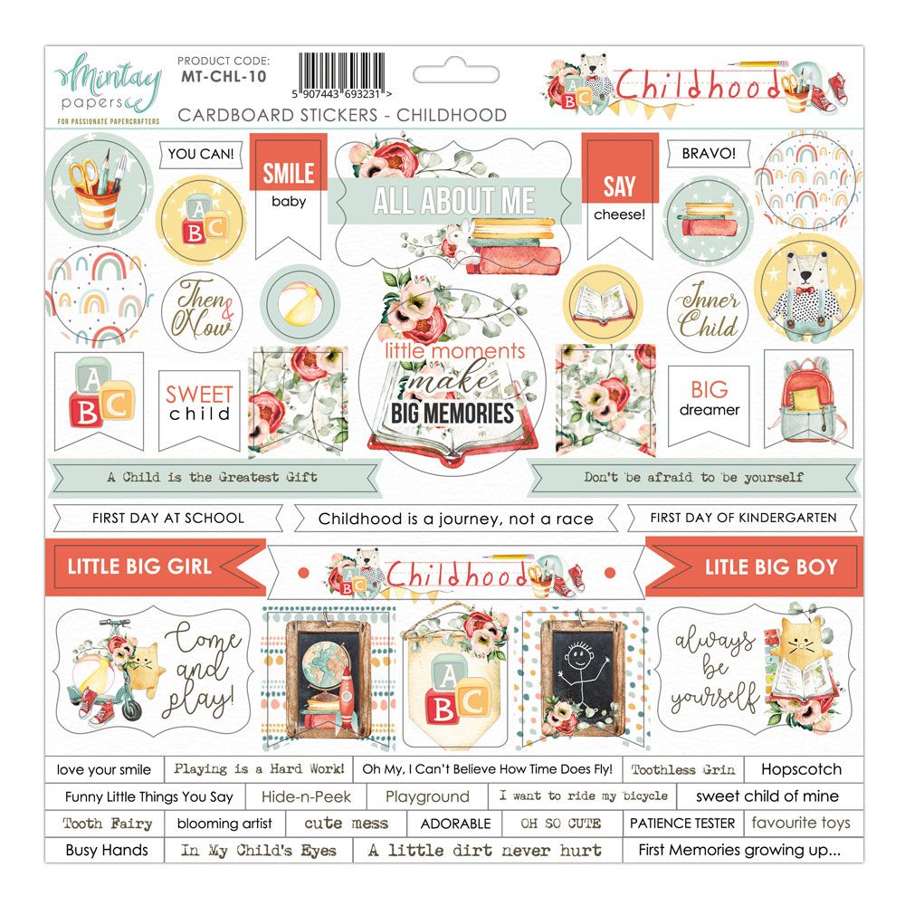 Autocolantes de cartão com desenhos e frases sobre infância em cores suaves