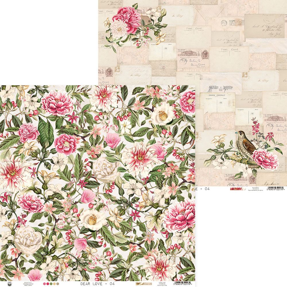 Papel decorativo com flores rosas e branquinhas e cartas antigas em fundo bege.