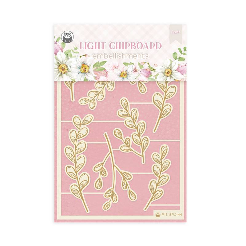 Chipboard decorativo com elementos dourados em embalagem rosa com flores e texto LIGHT CHIPBOARD