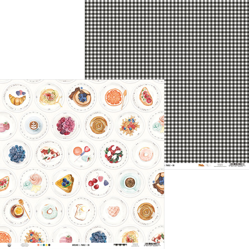 Folhas de papel decorativo com padrões xadrez e ilustrações de sobremesas coloridas.