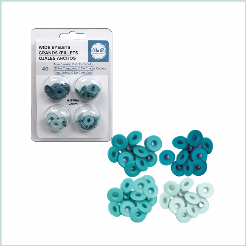 Ilhós largos em quatro tons de azul em embalagem transparente e soltos sobre fundo branco.