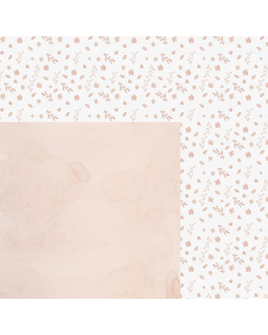 Papel de parede branco com estampa floral bege e amostra de cor lisa bege rosada
