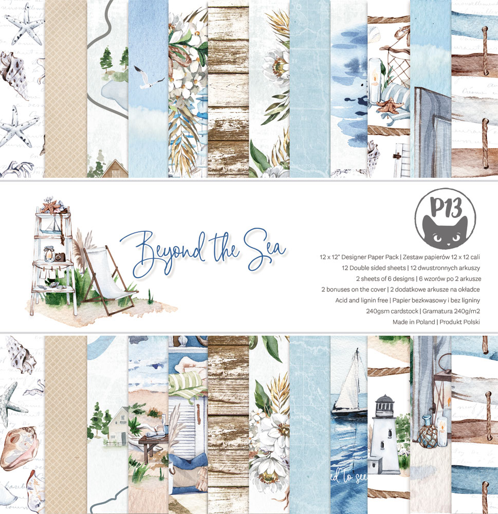 Pack papel decorativo P13 Beyond the Sea com padrões náuticos e marinhos em azul, bege e branco