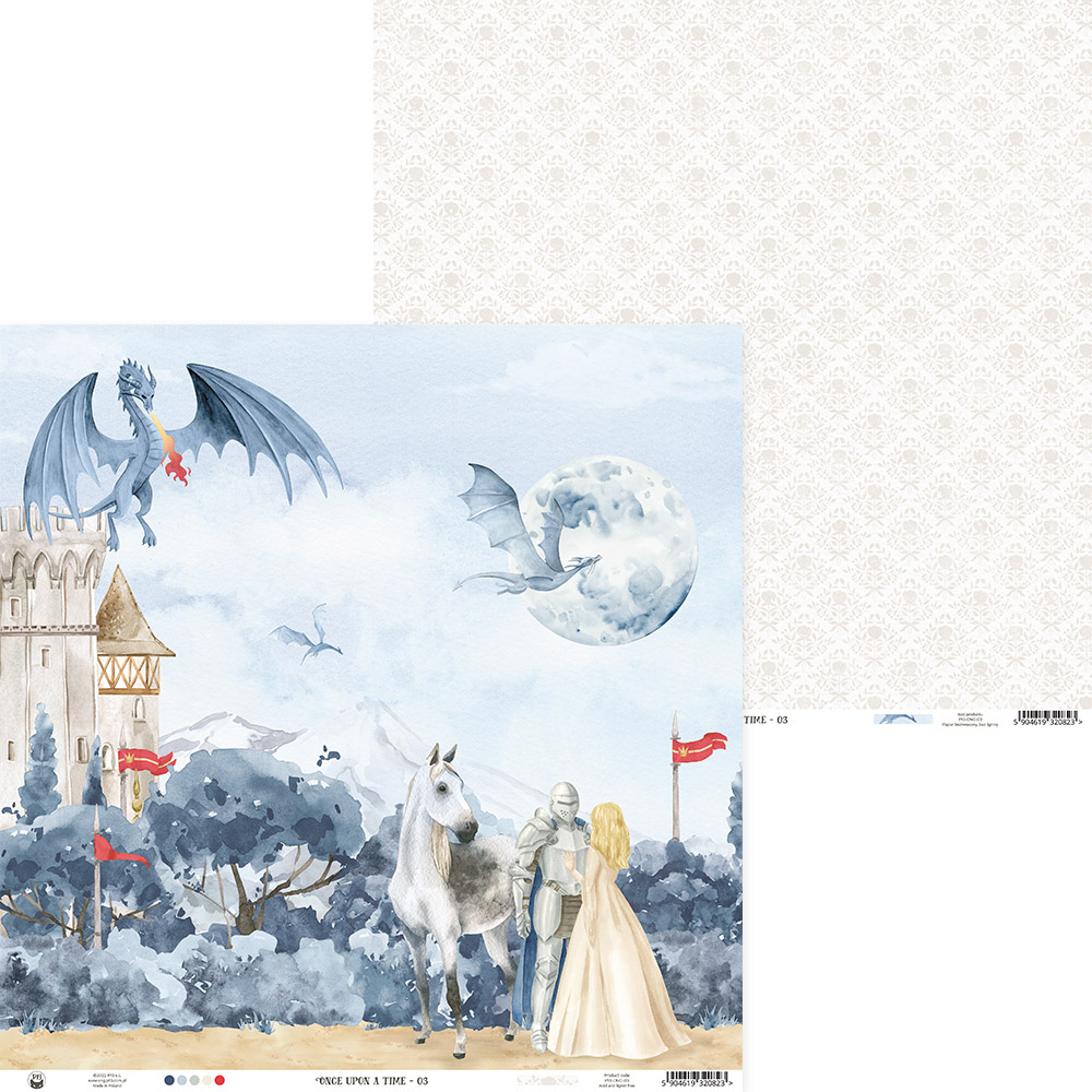 Papel de parede com ilustração medieval colorida de cavaleiro, princesa, castelo, dragão e cavalo
