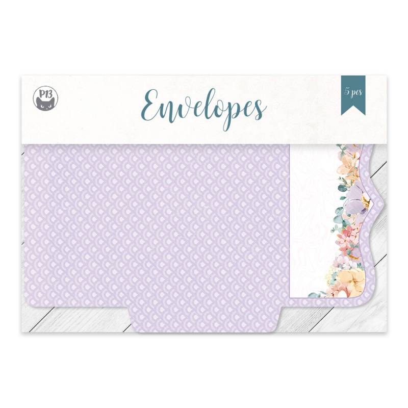 Pack de 5 envelopes lilás com padrão branco e decoração floral