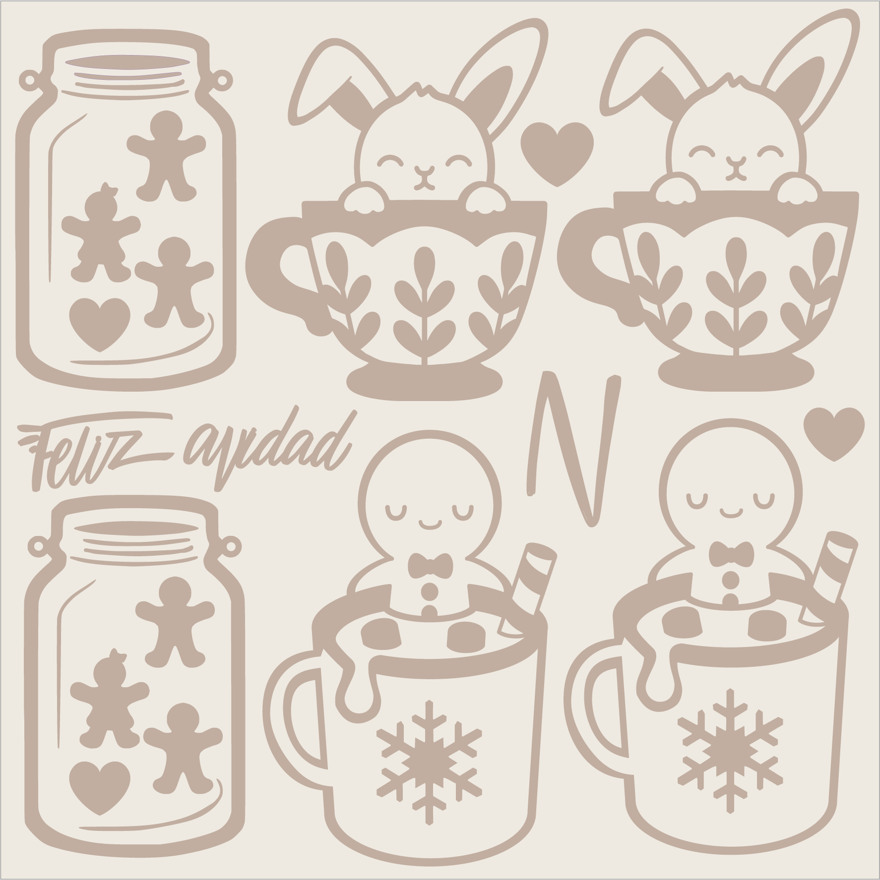 Ilustrações de frascos, canecas e xícaras com bonecos de gengibre e coelhos em tons de castanho claro.