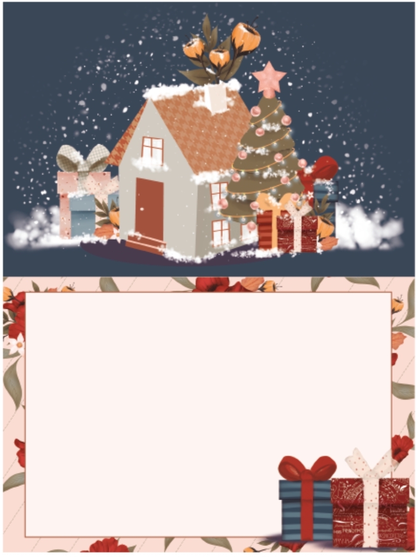 Decoração natalícia com casa, árvore de Natal, presentes e moldura floral para mensagem