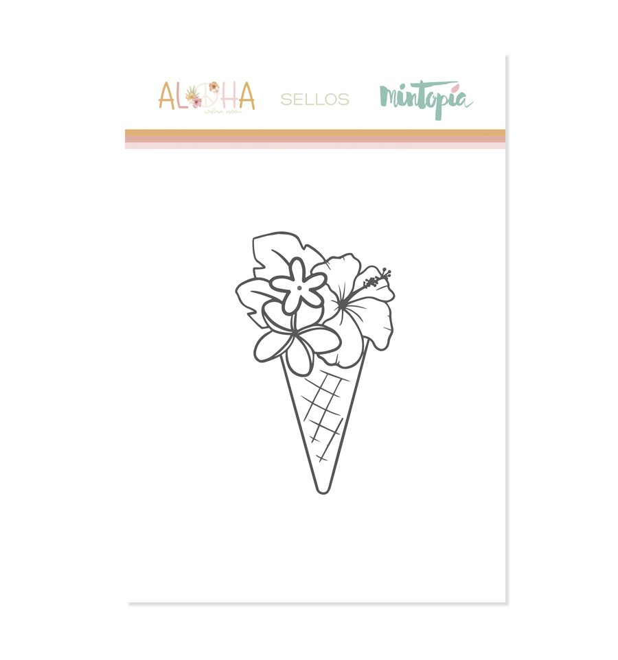 Carimbo de cone de gelado com flores em papel branco com texto 'ALOHA SELLOS MINTOPIA' no topo