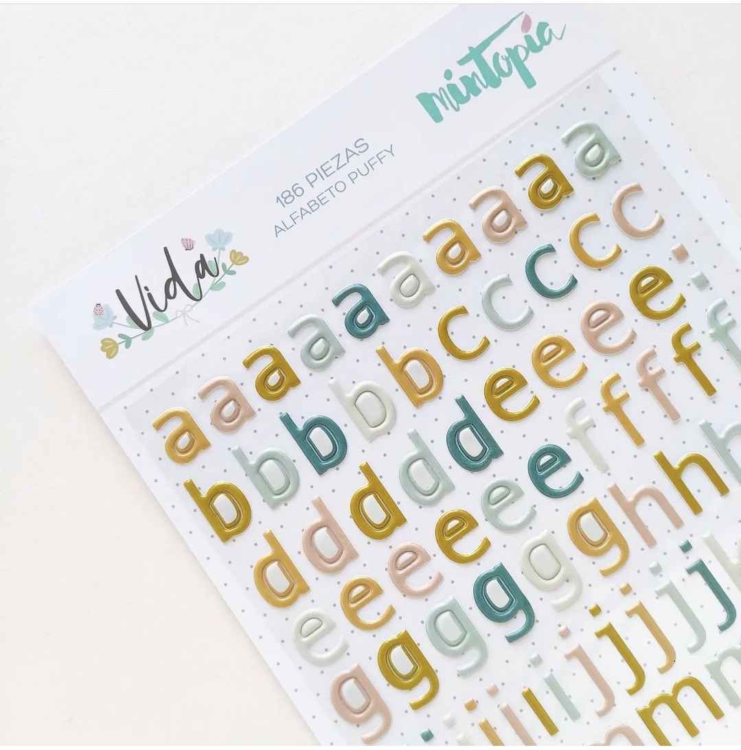 Folha de autocolantes de letras coloridas em relevo e embalagem com texto Vida e mintopia