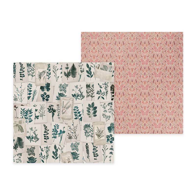 Tecidos quadrados com padrões de folhas e flores em tons verdes, bege e rosa.