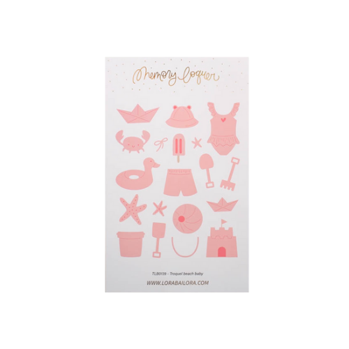 Peças de memória rosa com temas de praia em cartolina sobre fundo branco.