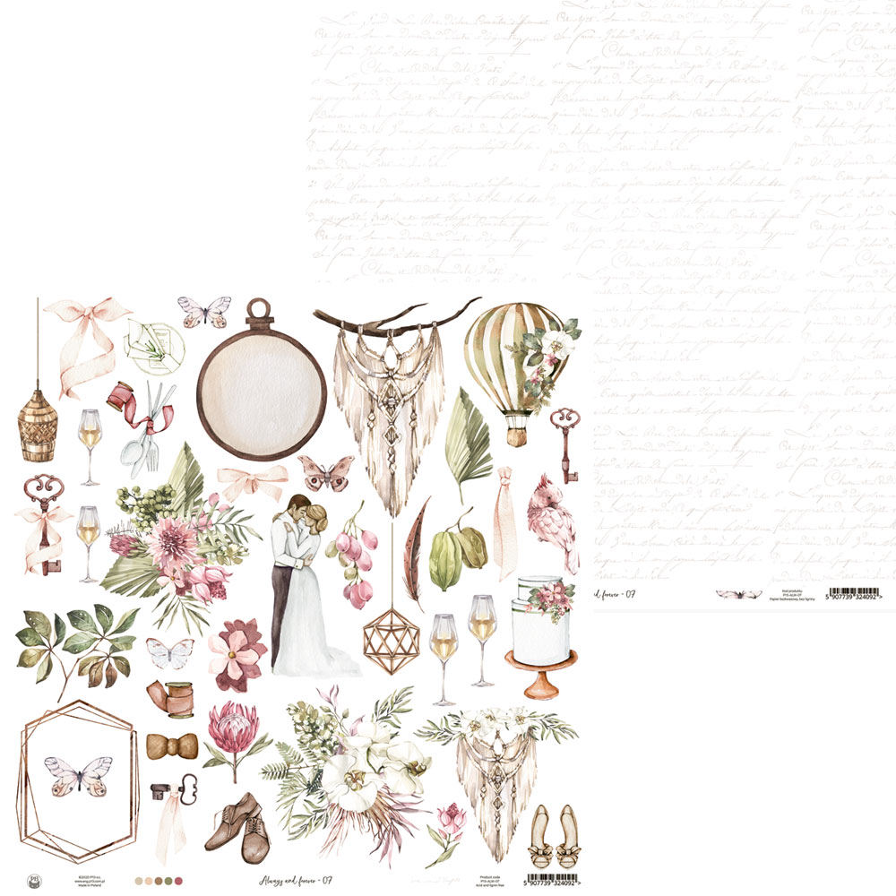 Folha com desenhos decorativos para recorte incluindo flores, casal, chave, bolo e mais.