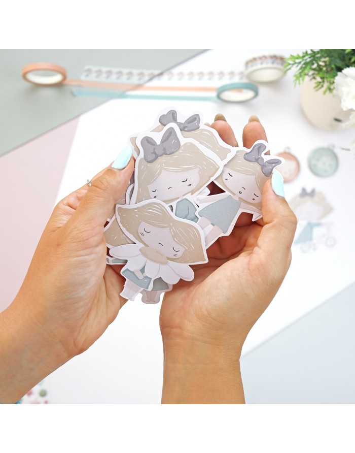 Autocolantes com ilustrações de meninas loiras com laço cinza em mãos