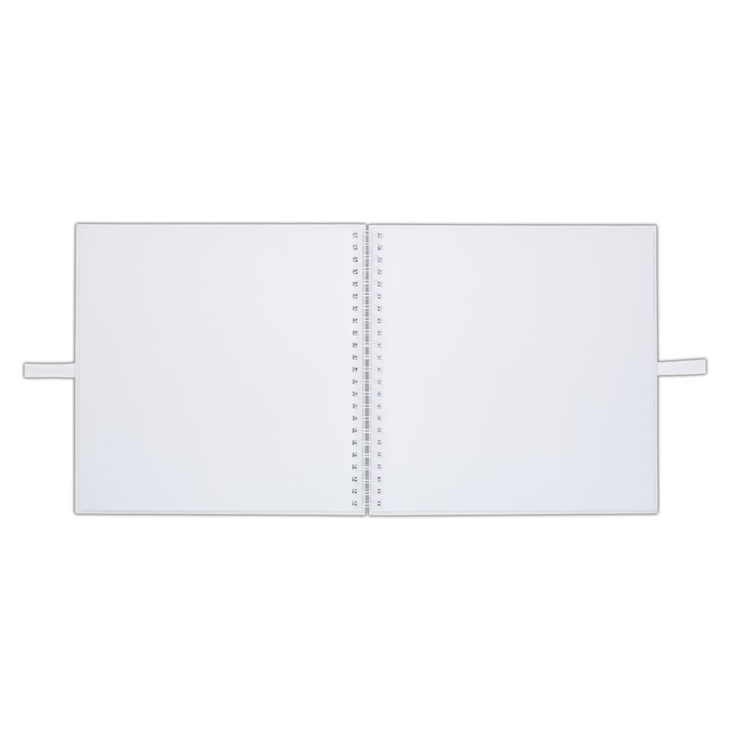 Caderno branco aberto com espiral e abas laterais