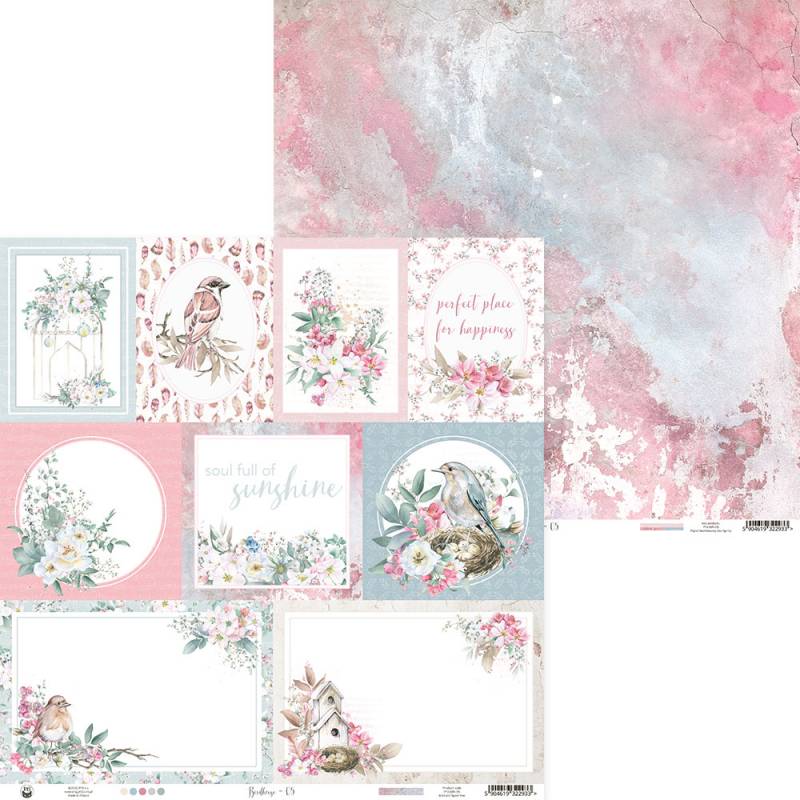 Papéis decorativos para scrapbook com motivos florais e pássaros em cores rosa e azul