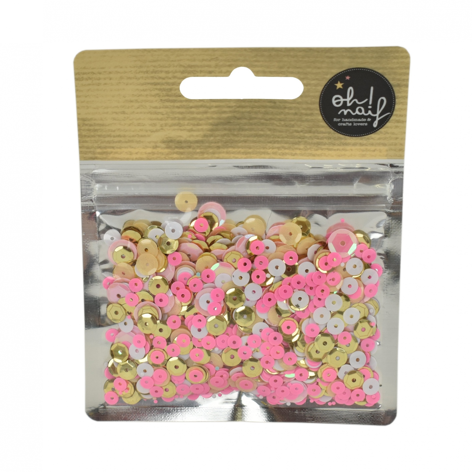 Pacote de lantejoulas coloridas em embalagem zip com cartão castanho topo