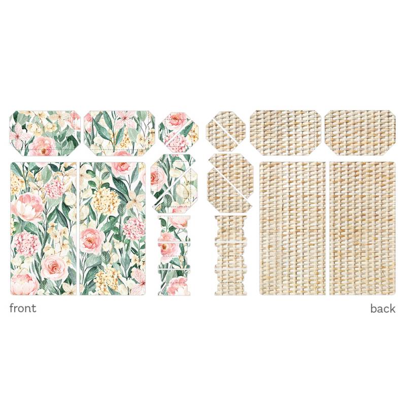 Peças para montagem de caixa com padrão floral e trançado