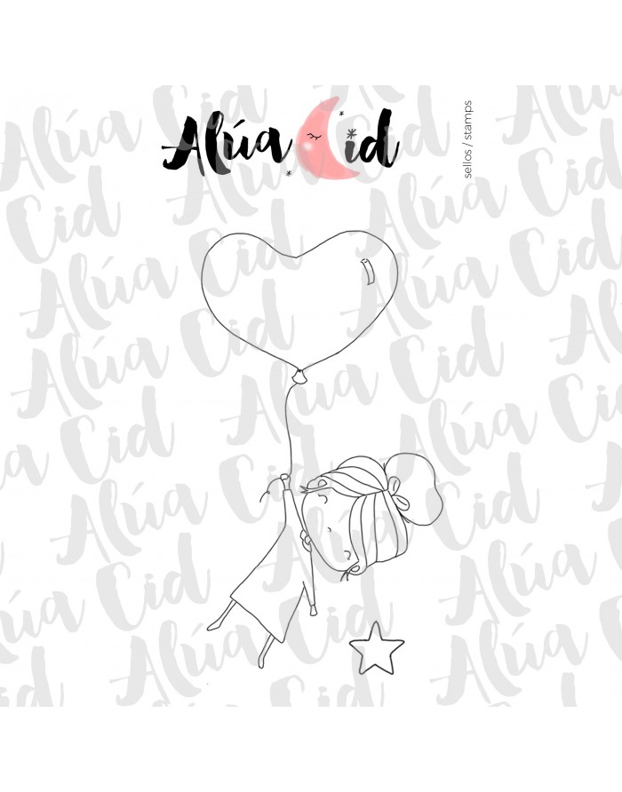 Desenho preto e branco de menina com balão de coração e estrela, fundo branco e texto 'Alúa Cid'.