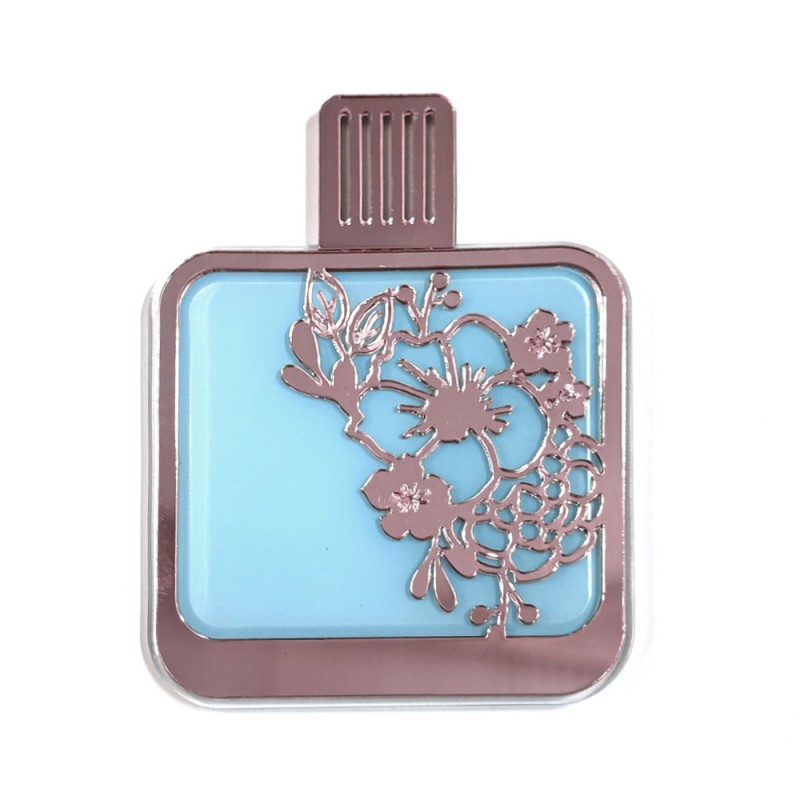 Pendente quadrado azul com detalhe floral dourado rosado