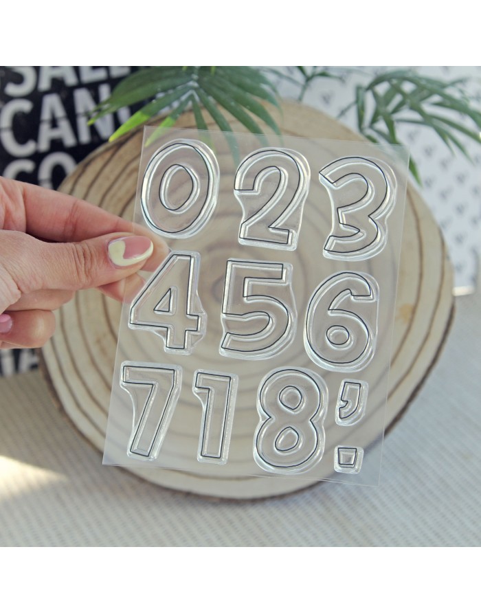 Carimbos transparentes com números de 0 a 9 e ponto de exclamação, contornos brancos