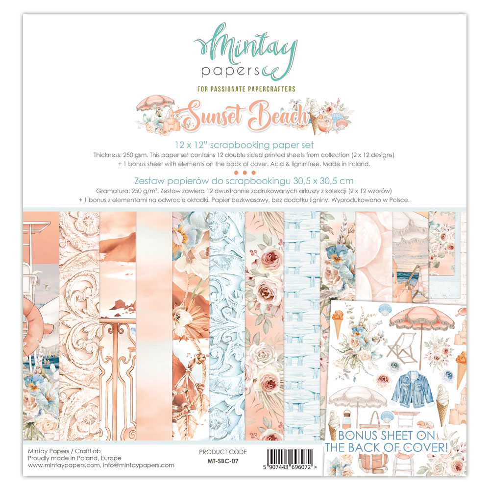 Conjunto de papel para scrapbook Mintiay Papers Sunset Beach com padrões marinhos e florais