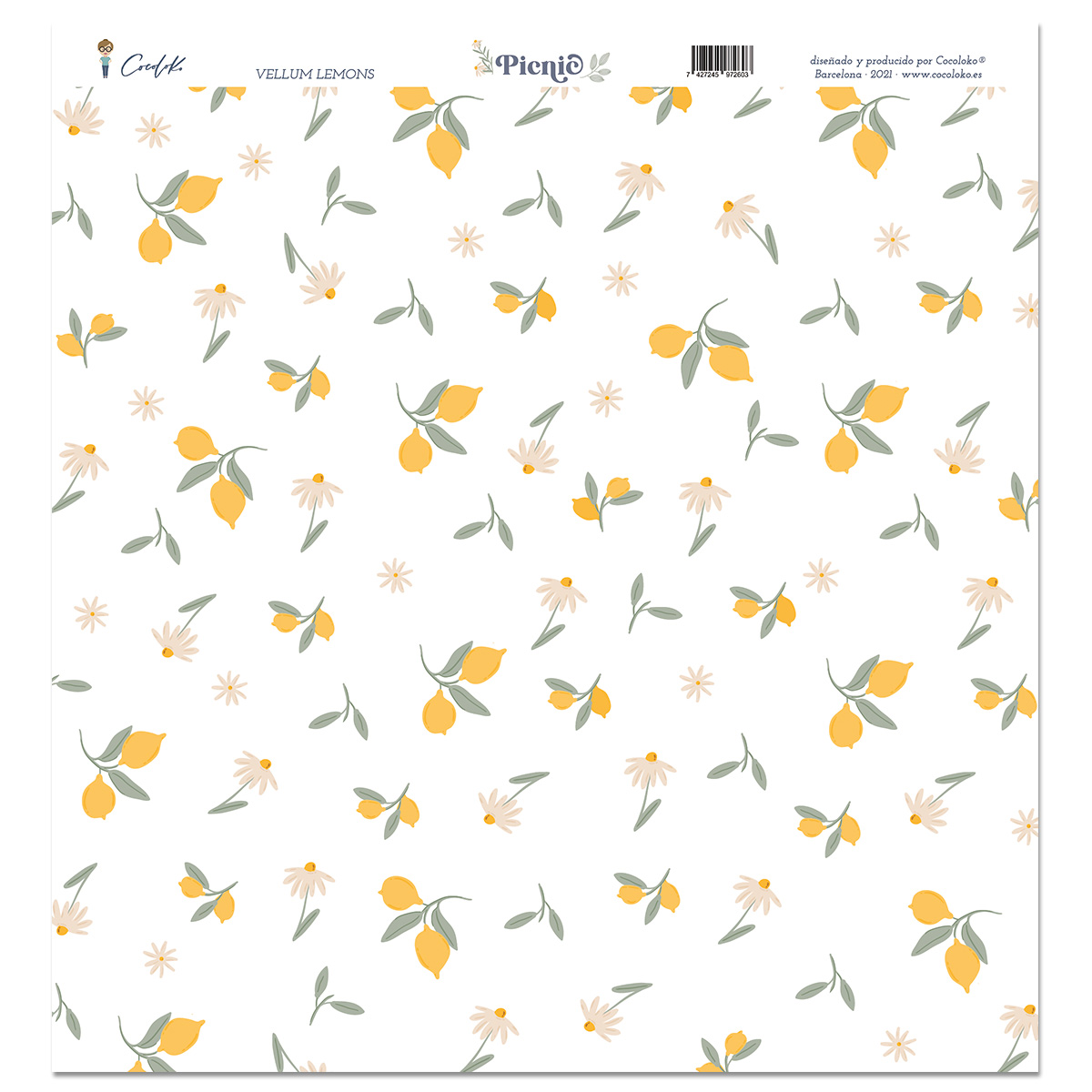 Papel decorativo com padrão de limões e folhas em fundo branco