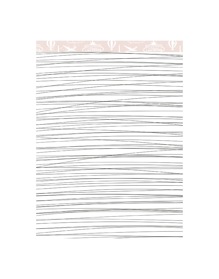 Papel de parede com linhas horizontais finas em preto e faixa decorativa rosa claro com texto